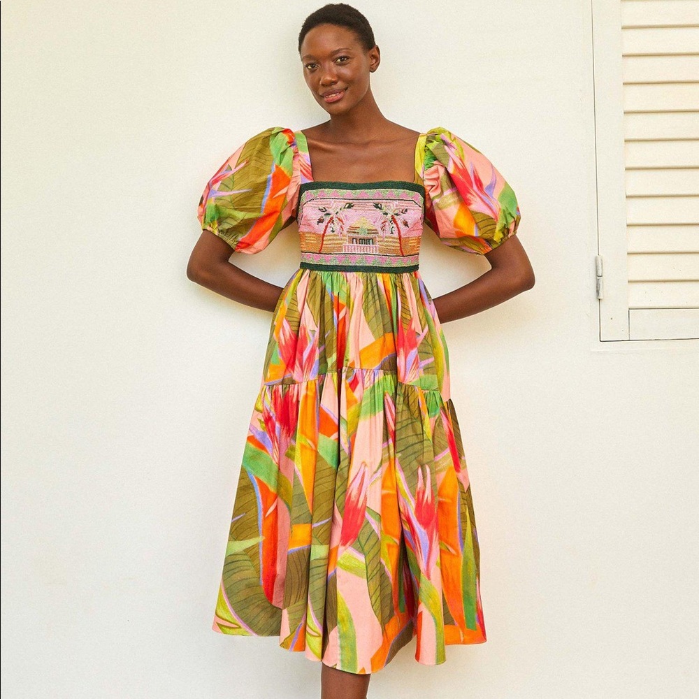 NWT Farm Rio Pink Garden Embroidered Top Midi Dress Small